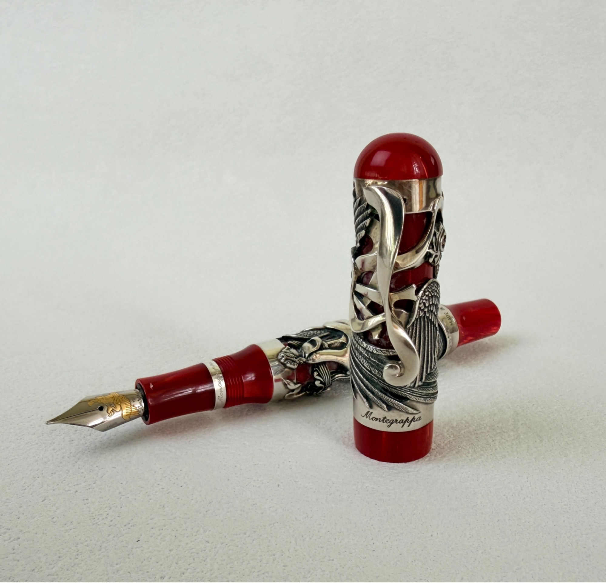 Montegrappa Eternal Bird Fountain Pen Limited Edition 18K M Nib Silver and Ruby