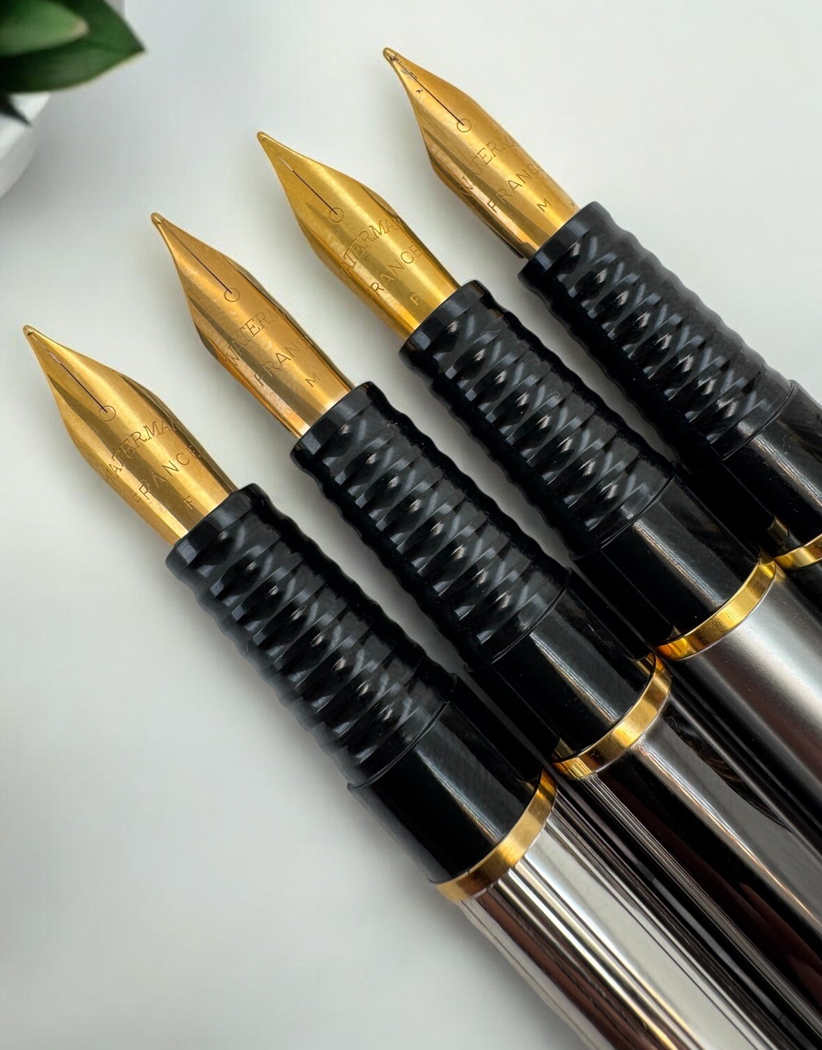 4 Waterman Fountain Pens Set Metal Lined Gold Trim M and F Nibs France NEW - Image 3