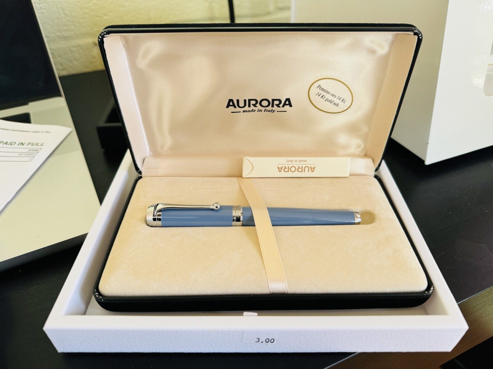 Aurora Light Blue Fountain Pen 14K Gold M Nib with Two Ink Refills