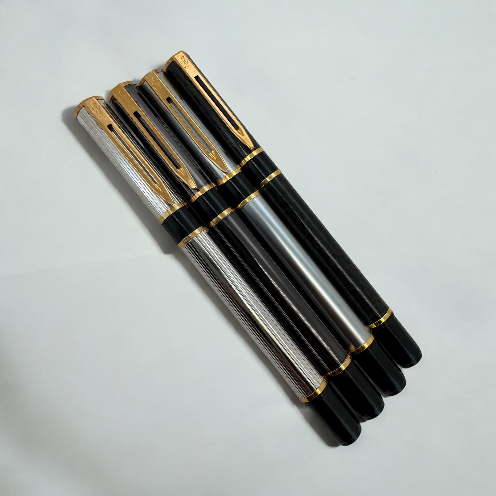 4 Waterman Fountain Pens Set Metal Lined Gold Trim M and F Nibs France NEW